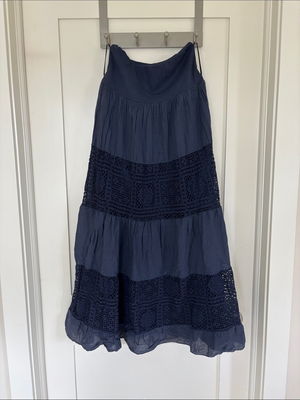 Navy Crochet Tiered Maxi Skirt
